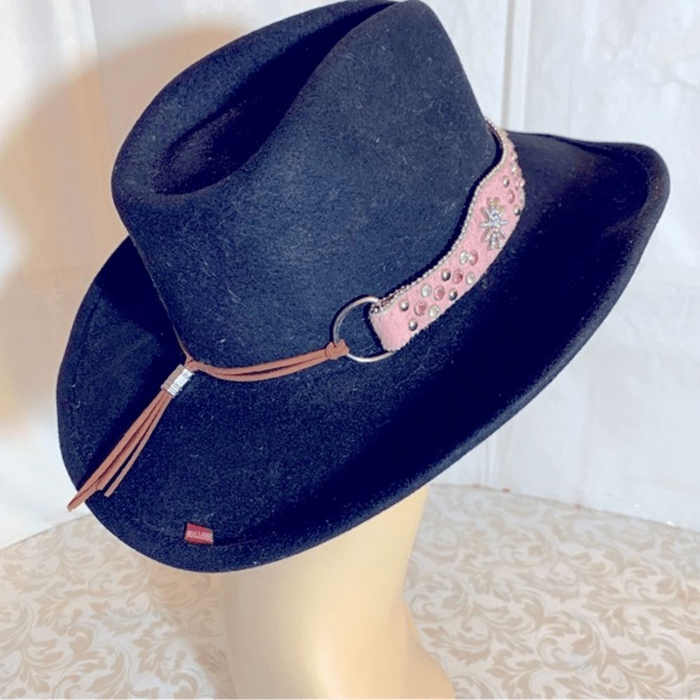BullHide Cowgirl Cowboy Hat Black Wool Pink Calf Hair Jewel Studded Hatband S/M - Picture 6 of 8
